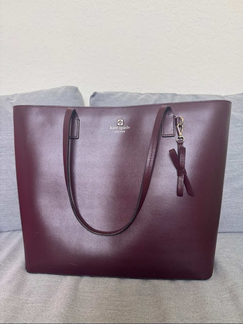 kate spade wine leather tote with bow charm